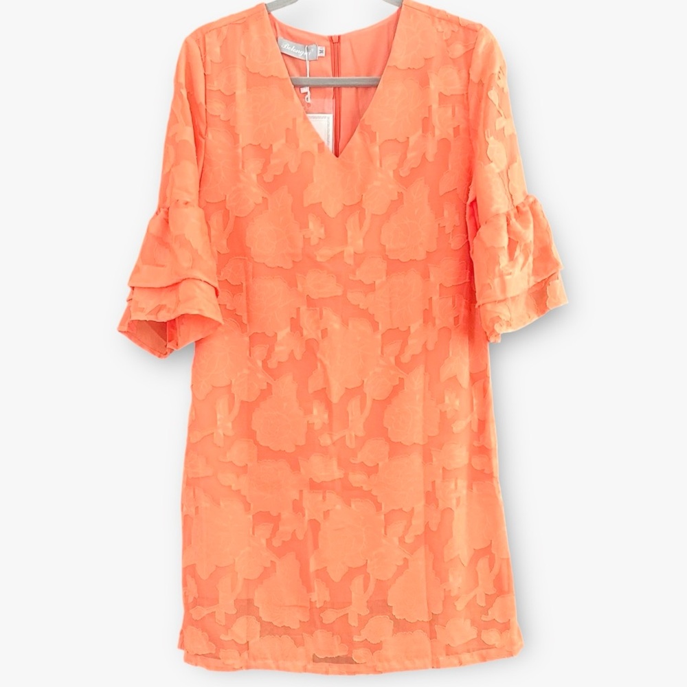 🌴 🆕  BELONGSCI Shift Design Dress V-Neck 3/4 Bell Sleeve. Orange. Size M.  NWT. - Picture 2 of 10